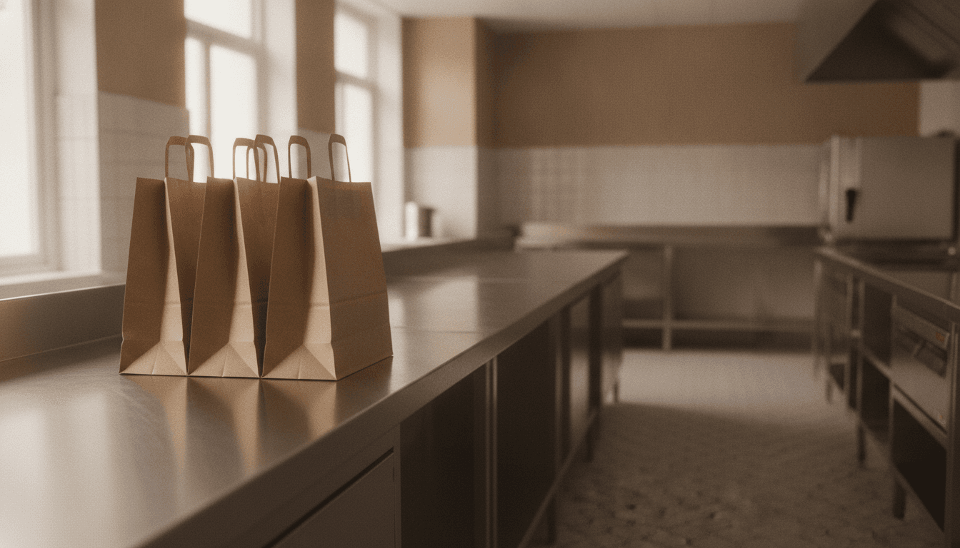 Een groep dichtgevouwen papieren draagzakken staat als één blok op een roestvrijstalen werkbank in een lege keuken.